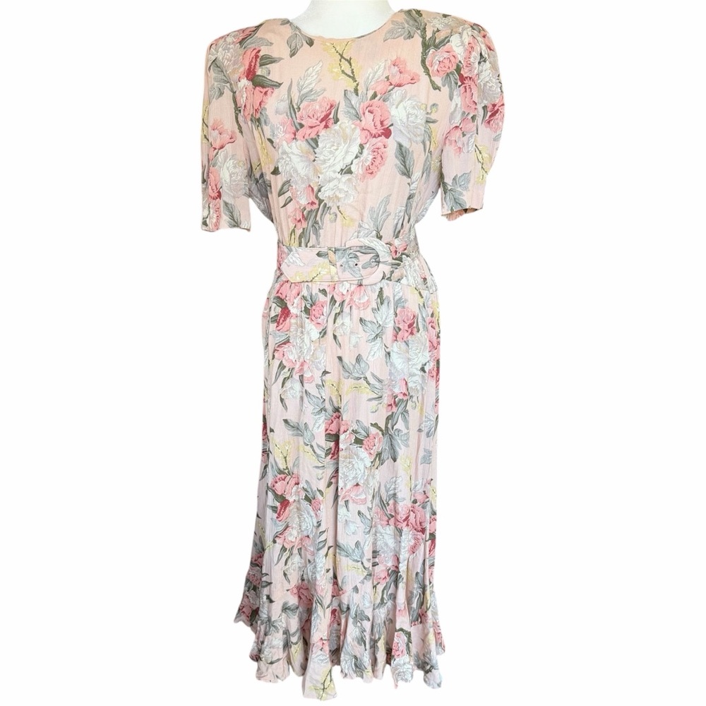 Vintage Belted Blush Pink Floral High Neck Modest Maxi Dress Size 6 100% Rayon